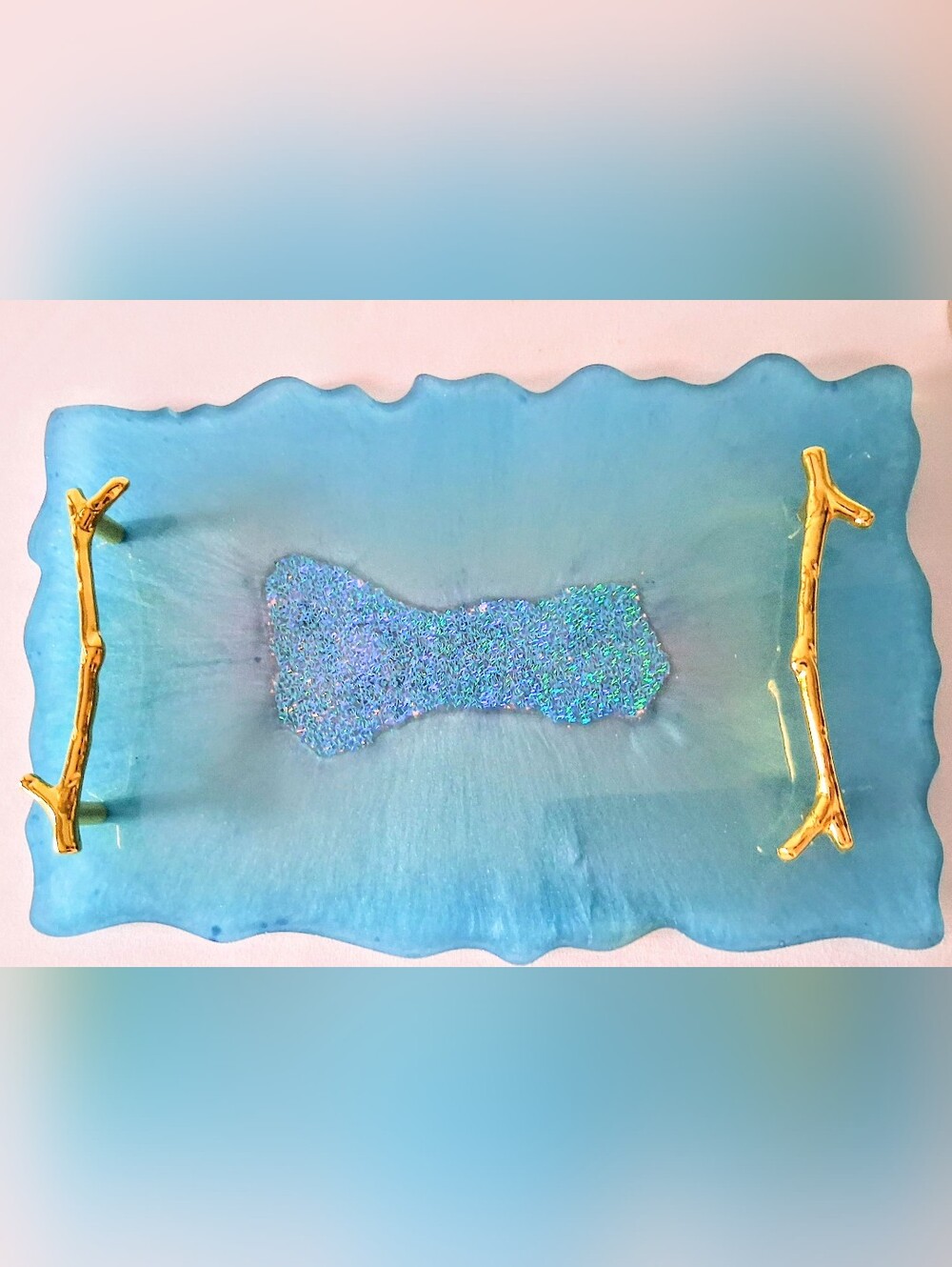 Ocean Blues, Glitter & Gold Artisan Made Resin Tray - Gold Bamboo Handles - Picture 3 of 10